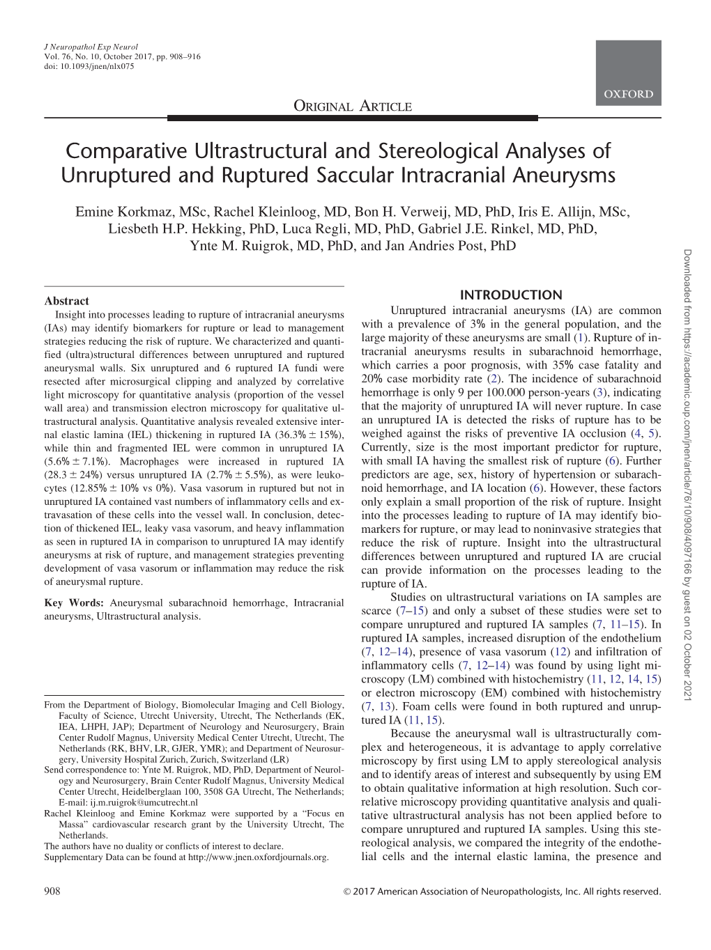 Comparative Ultrastructural and Stereological Analyses of Unruptured and Ruptured Saccular Intracranial Aneurysms