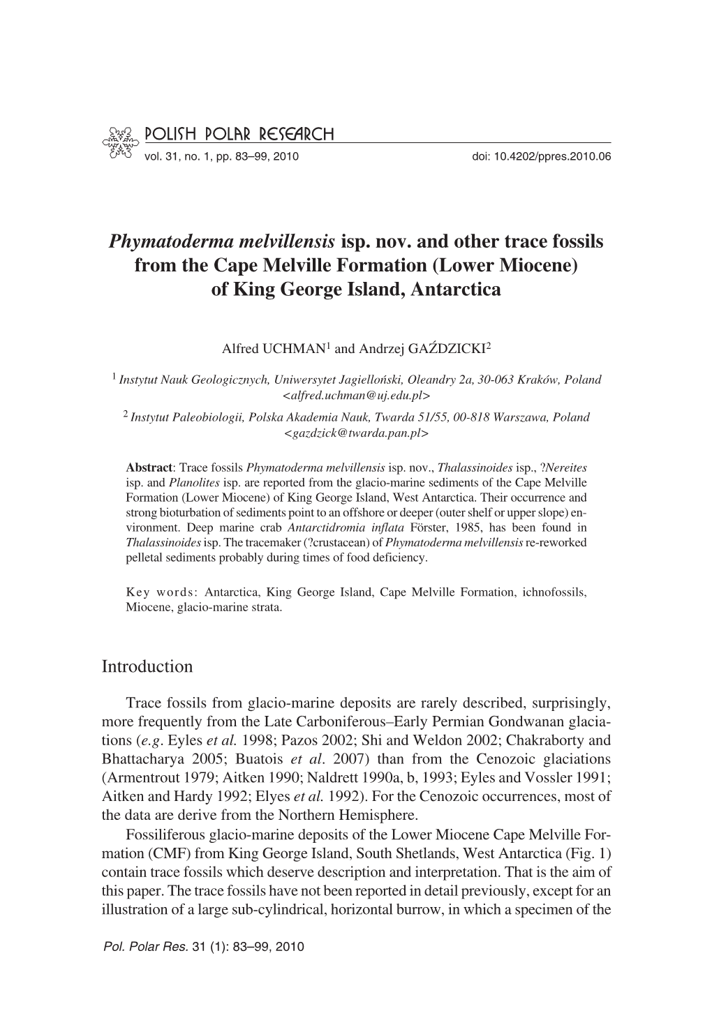 Phymatoderma Melvillensis Isp. Nov. and Other Trace Fossils from the Cape Melville Formation (Lower Miocene) of King George Island, Antarctica