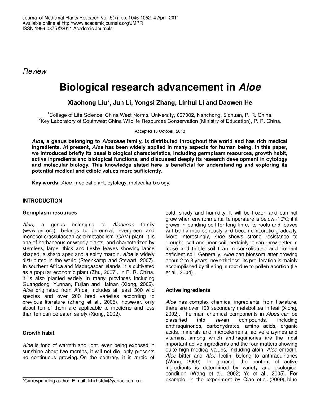 Biological Research Advancement in Aloe