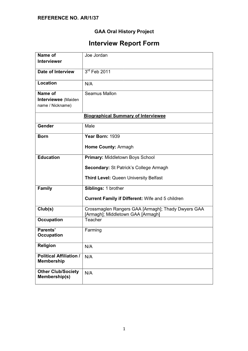 GAA Oral History Project Interview Report Form