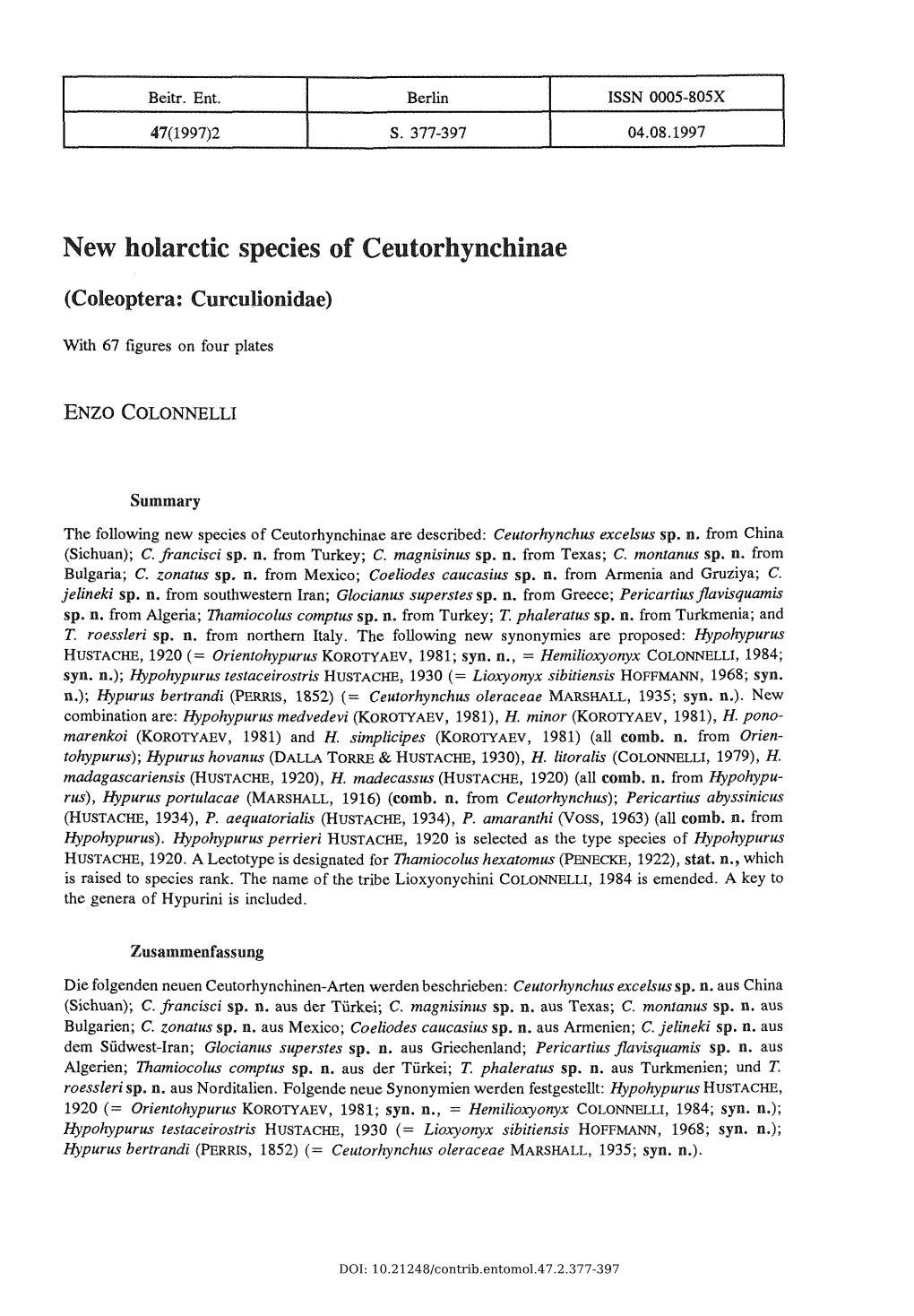 New Holarctic Species of Ceutorhynchlnae