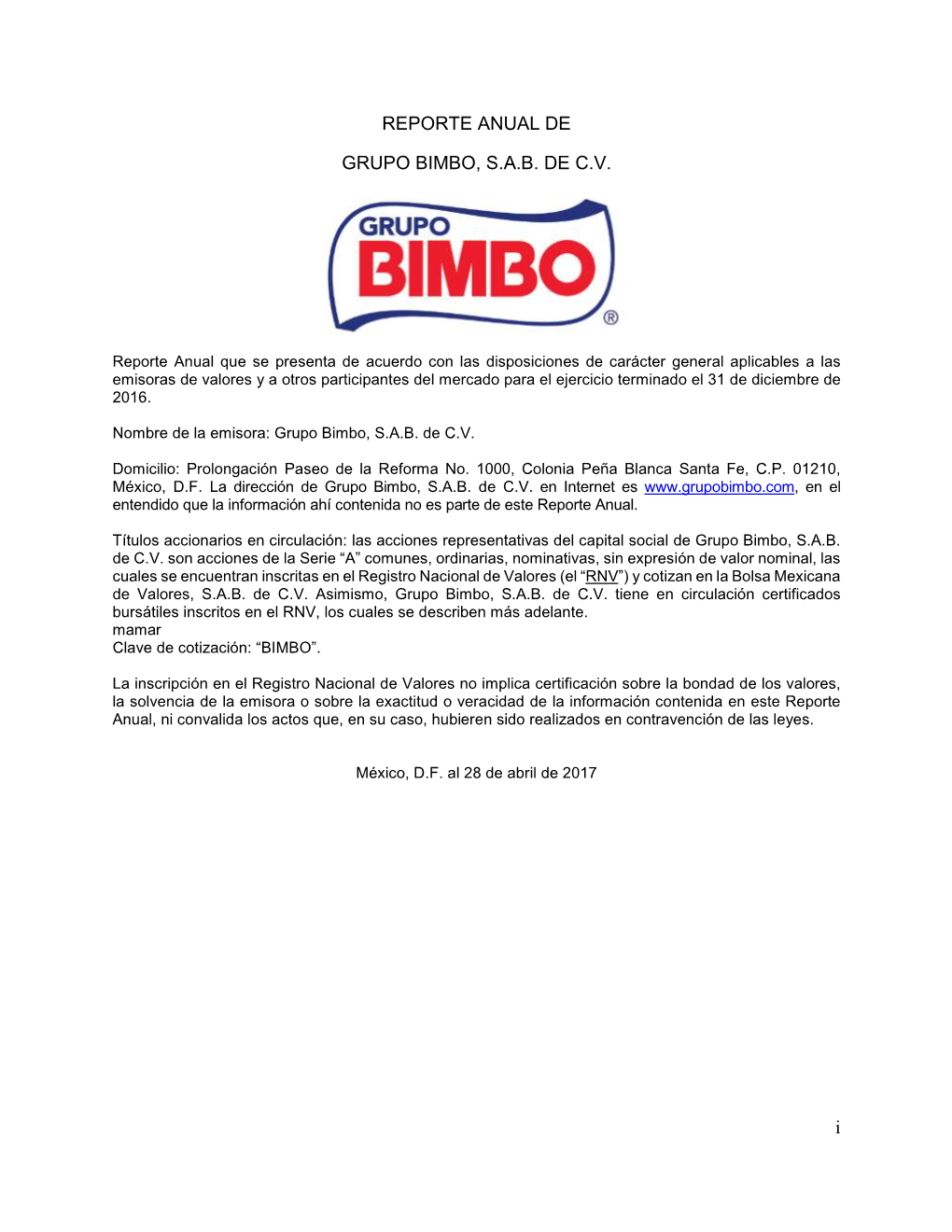 I REPORTE ANUAL DE GRUPO BIMBO, S.A.B. DE C.V