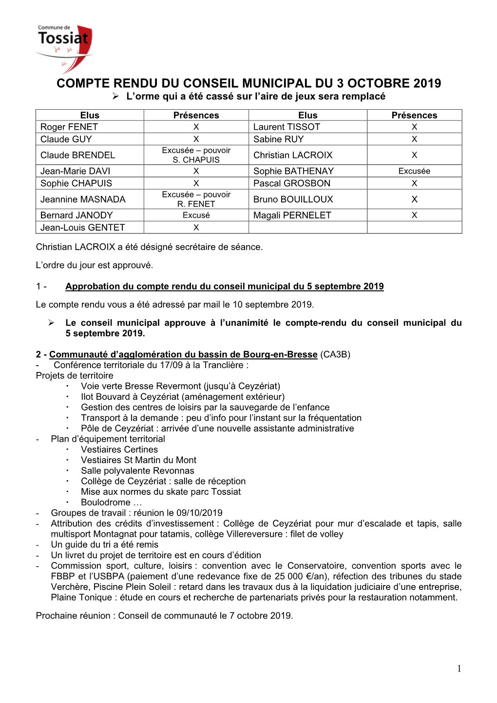 Conseil Municipal Du 06 Septembre 2012