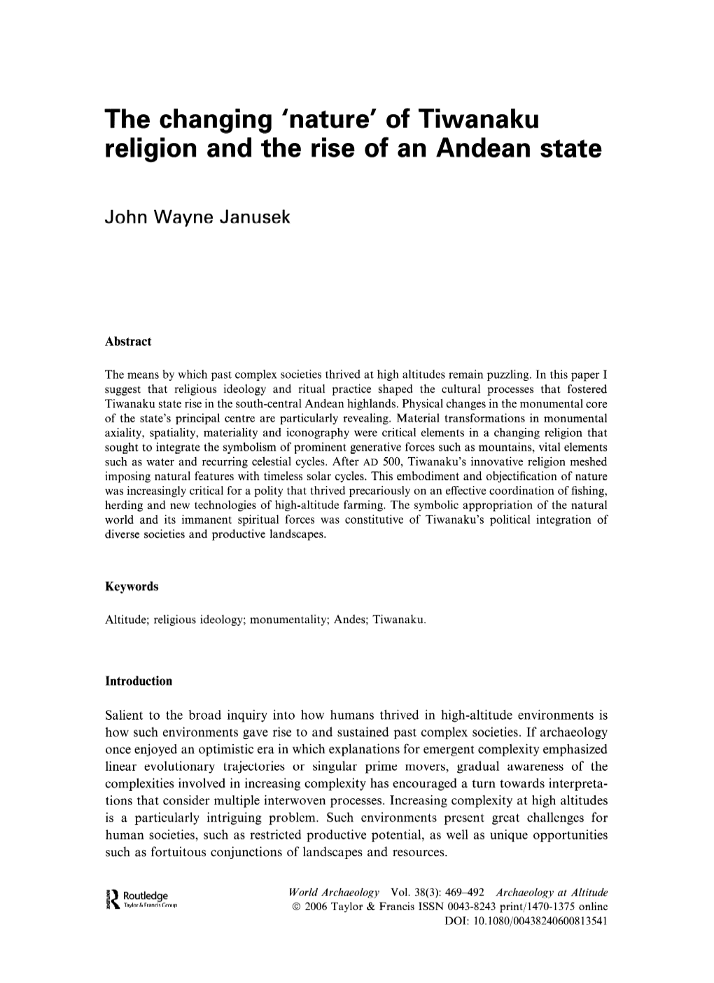 Of Tiwanaku Religion and the Rise of an Andean State