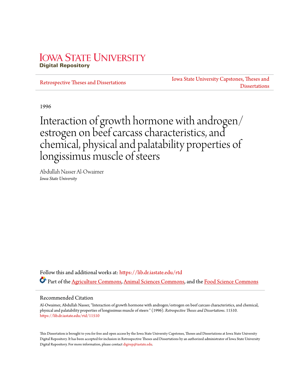 Interaction of Growth Hormone with Androgen/Estrogen on Beef Carcass Characteristics, and Chemical, Physical and Palatability Pr