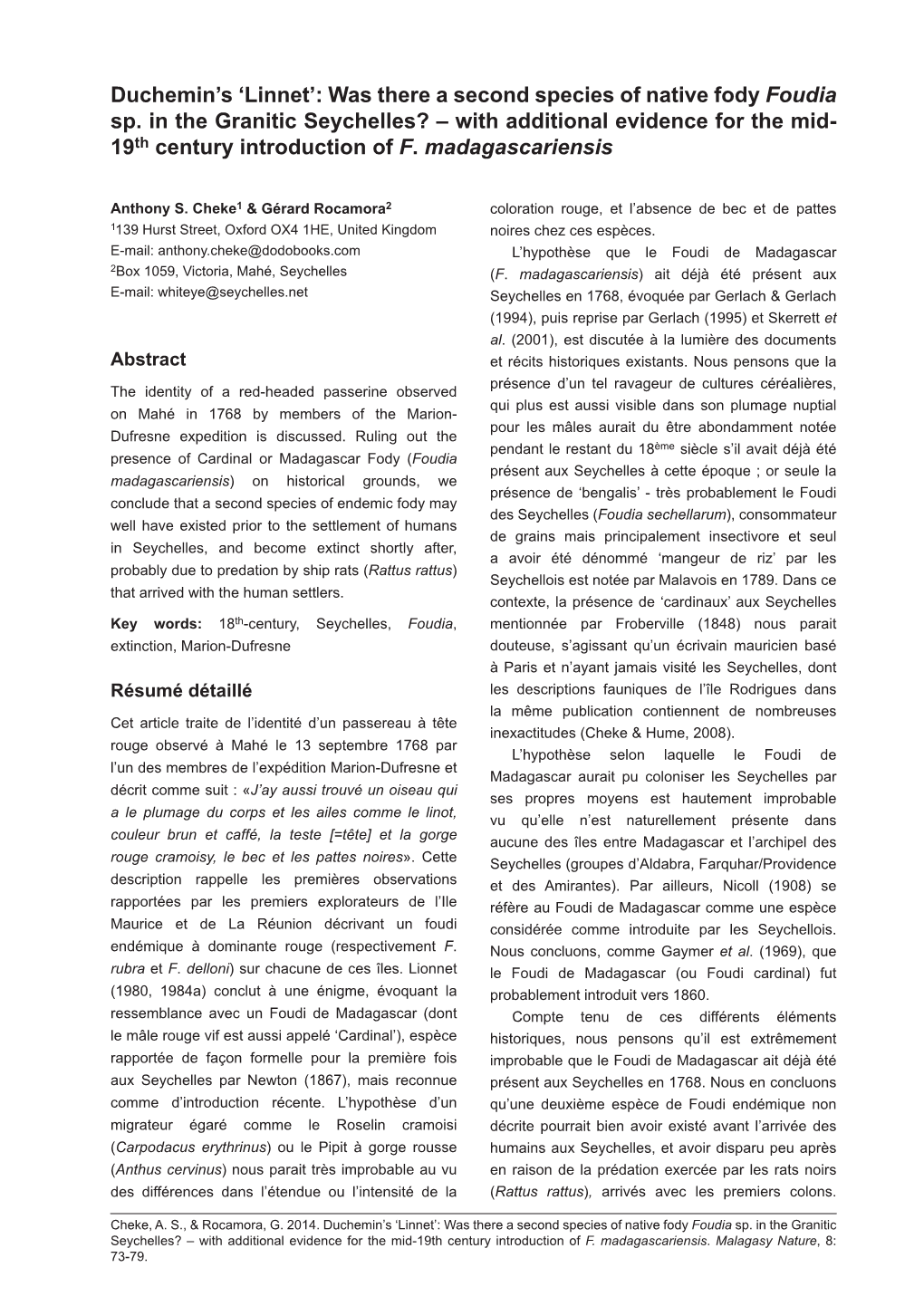 Was There a Second Species of Native Fody Foudia Sp. in the Granitic Seychelles? – with Additional Evidence for the Mid- 19Th Century Introduction of F