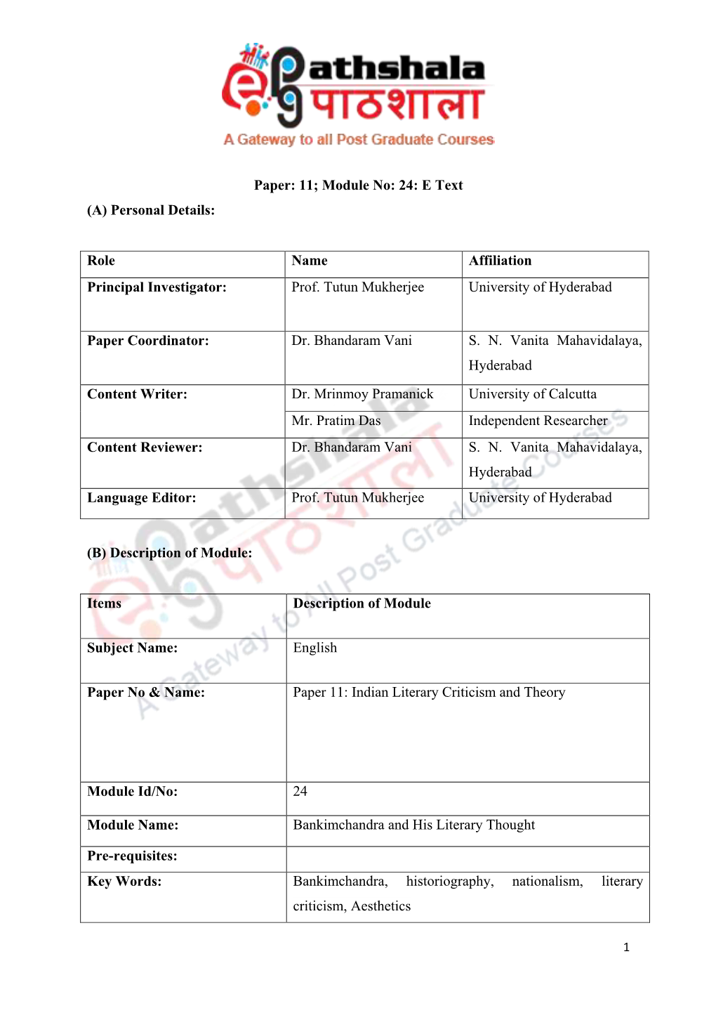 Paper: 11; Module No: 24: E Text (A) Personal Details