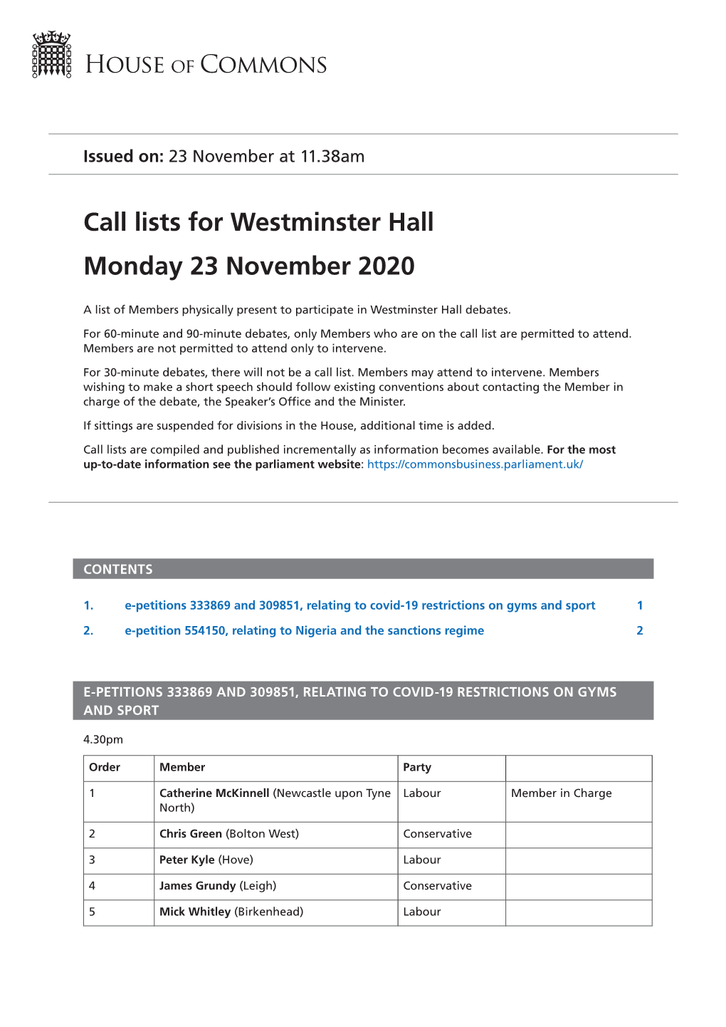 Call Lists for Westminster Hall Monday 23 November 2020