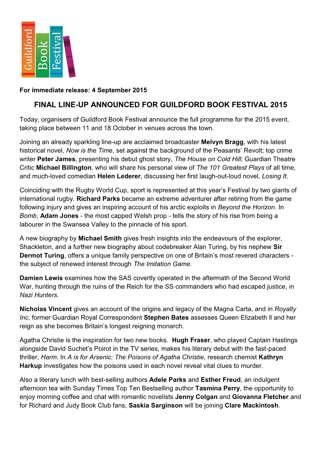 Final Line-Up Announced for Guildford Book Festival 2015