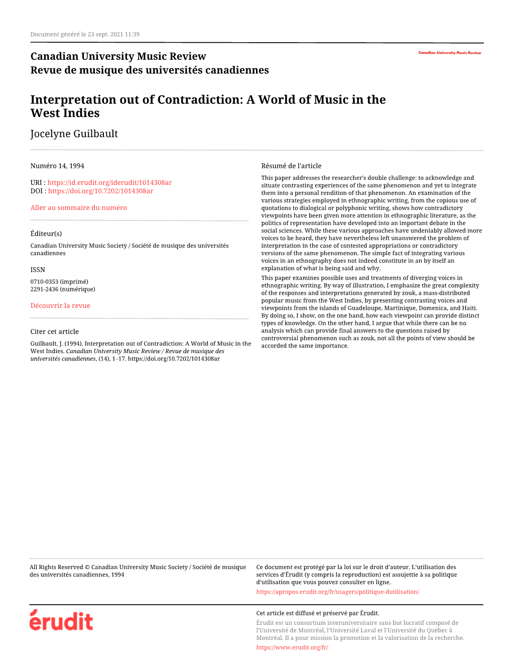 Interpretation out of Contradiction: a World of Music in the West Indies Jocelyne Guilbault