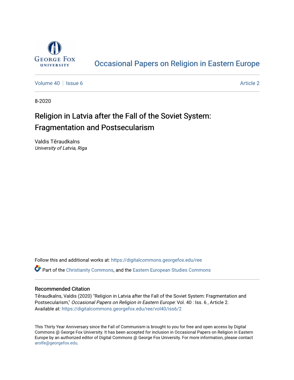 Religion in Latvia After the Fall of the Soviet System: Fragmentation and Postsecularism