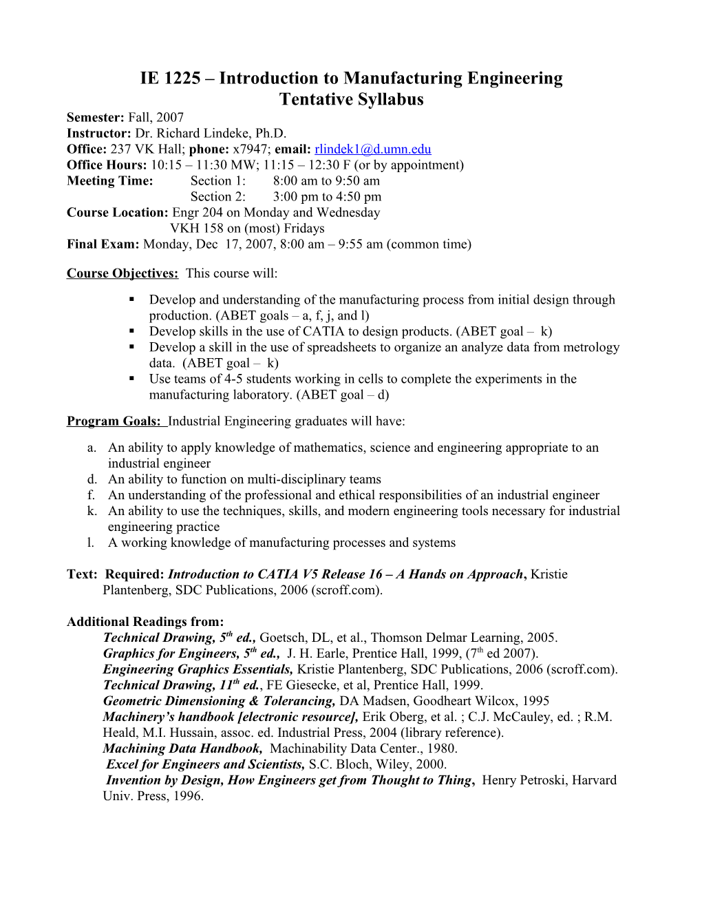 IE 1225 Introduction to Manufacturing Engineering