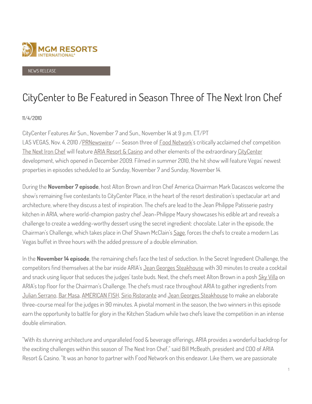 Citycenter to Be Featured in Season Three of the Next Iron Chef