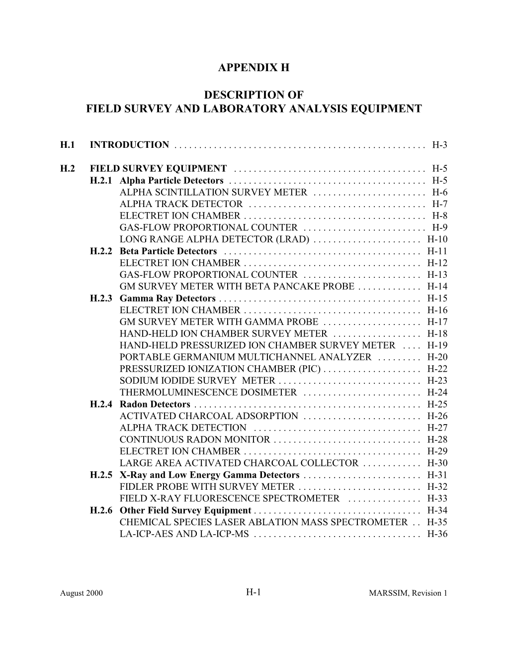 Appendix H Description of Field Survey and Laboratory Analysis Equipment