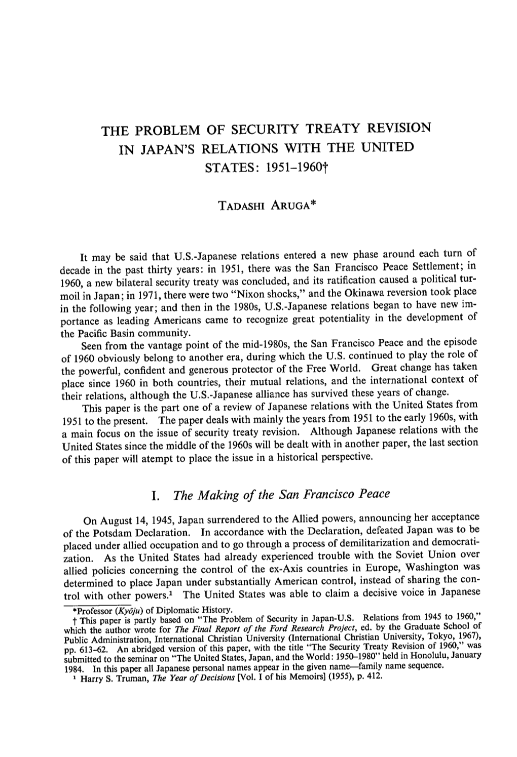 THE PROBLEM of SECURITY TREATY REVISION in JAPAN's RELATIONS with the UNITED STATES= 1951-1960T