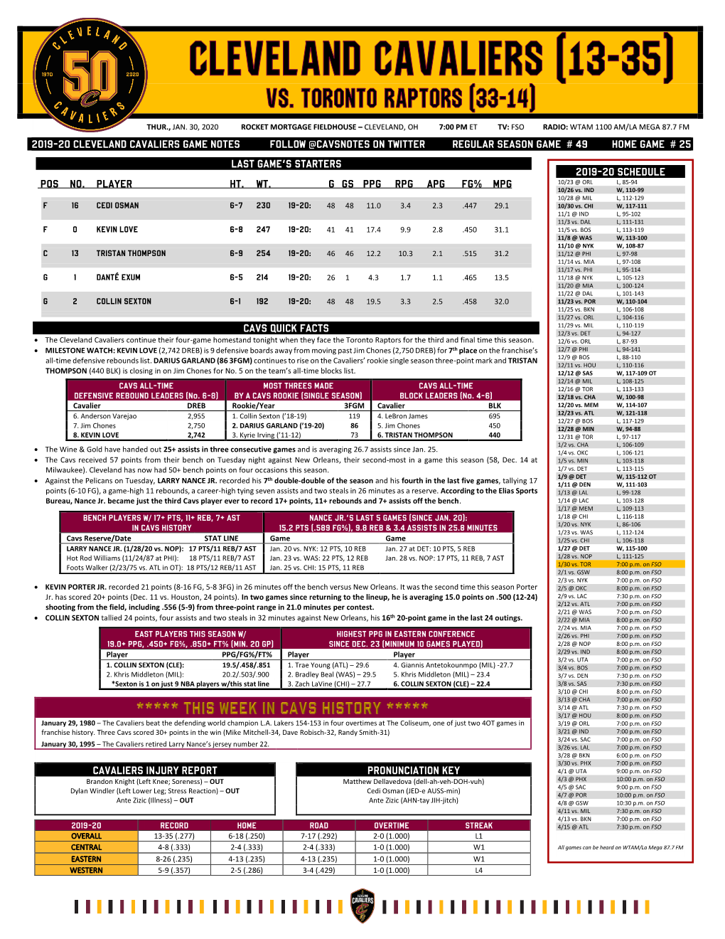 2019-20 Cleveland Cavaliers Game Notes Follow @Cavsnotes on Twitter Regular Season Game # 49 Home Game # 25