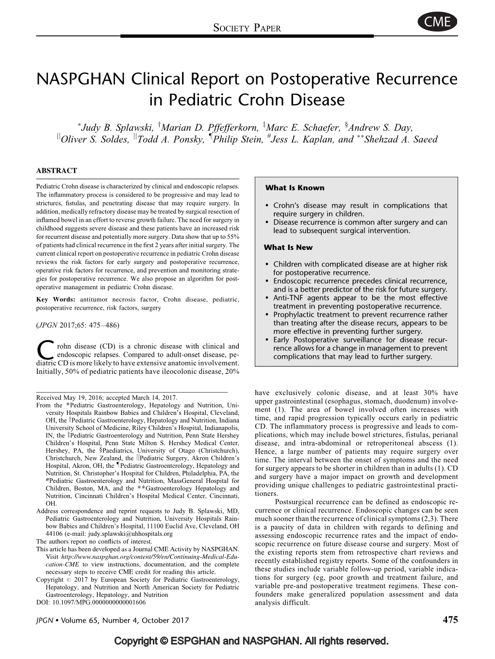 NASPGHAN Clinical Report on Postoperative Recurrence in Pediatric Crohn Disease