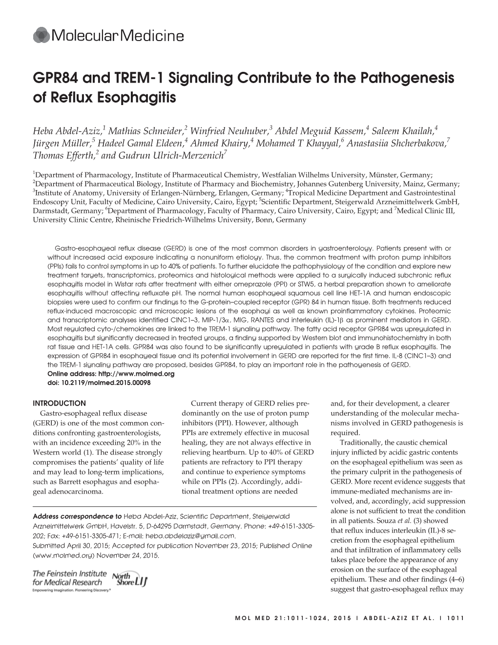 GPR84 and TREM-1 Signaling Contribute to the Pathogenesis of Reflux Esophagitis