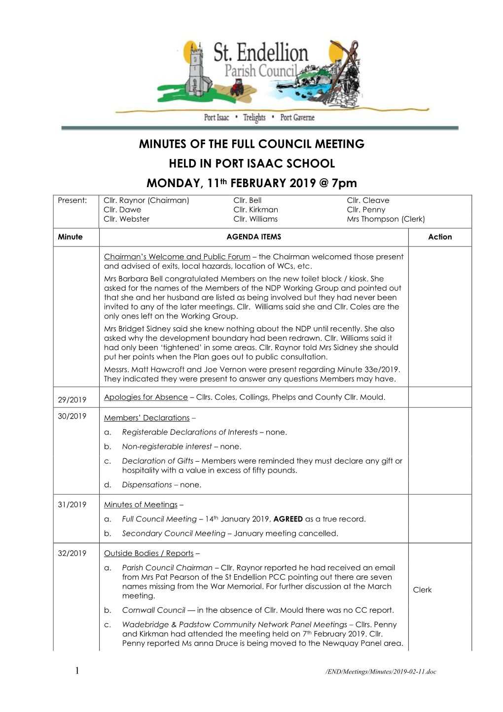 MINUTES of the FULL COUNCIL MEETING HELD in PORT ISAAC SCHOOL MONDAY, 11Th FEBRUARY 2019 @ 7Pm Present: Cllr