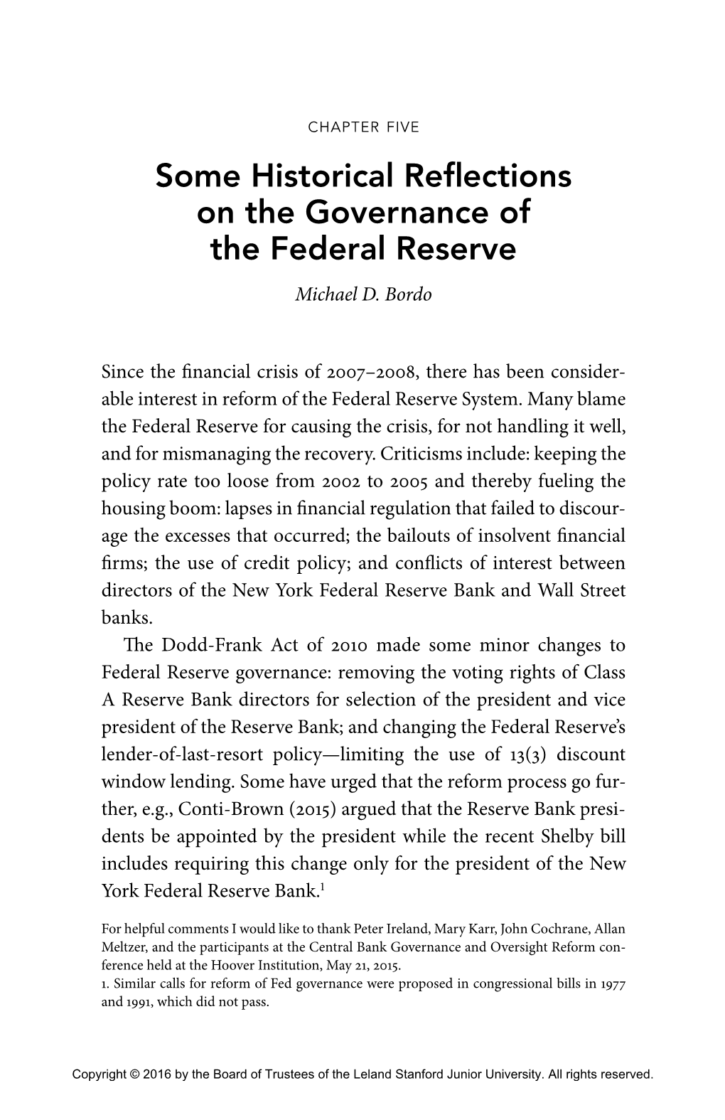 Some Historical Reflections on the Governance of the Federal Reserve by Michael D. Bordo