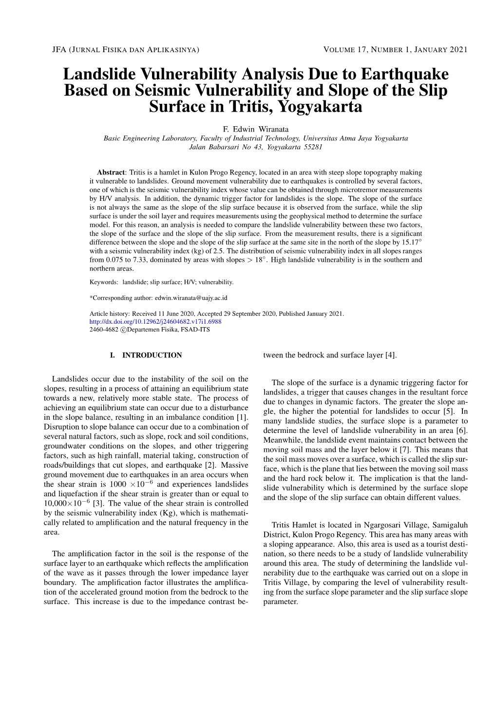 Landslide Vulnerability Analysis Due to Earthquake Based on Seismic Vulnerability and Slope of the Slip Surface in Tritis, Yogyakarta