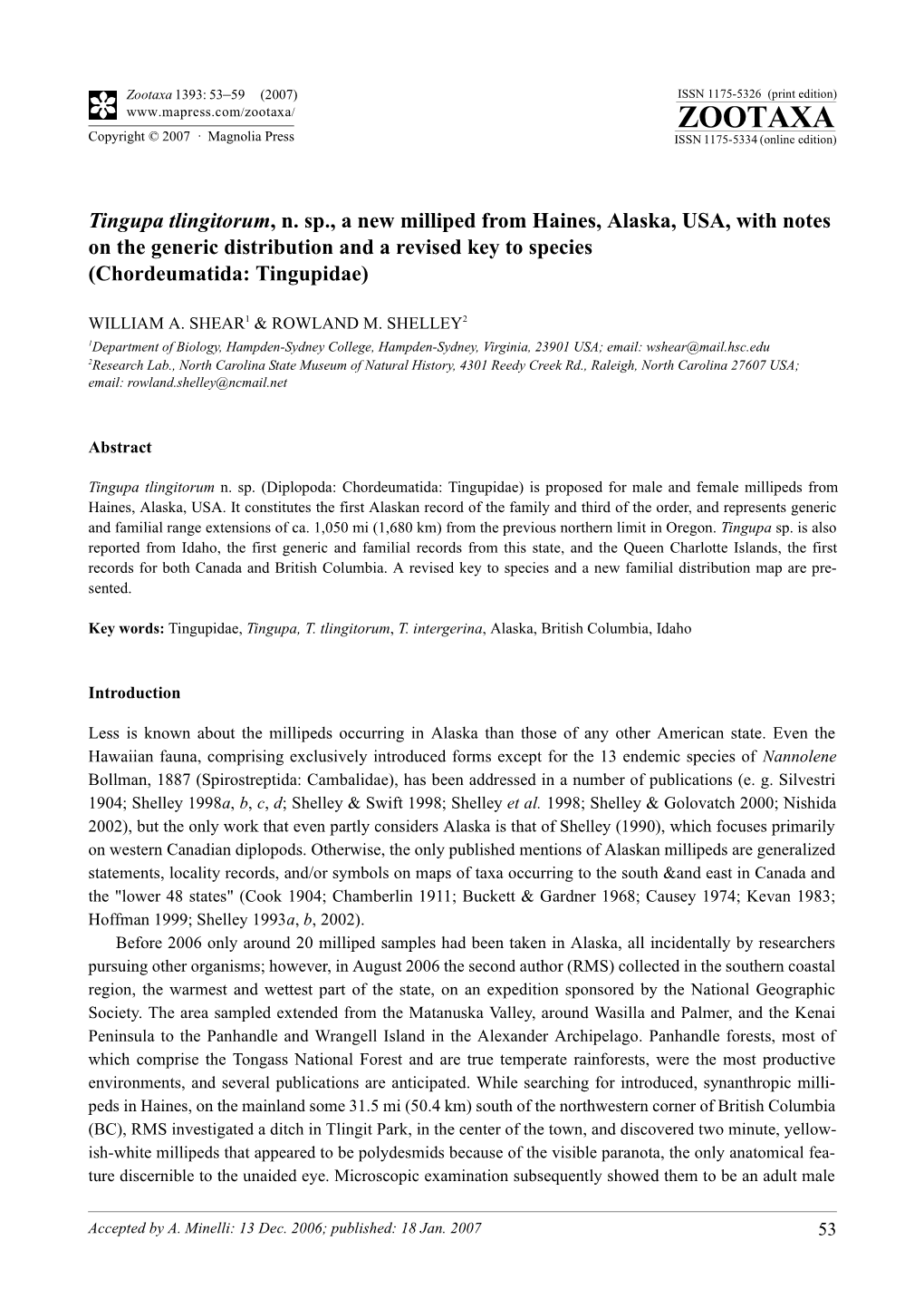 Tingupa Tlingitorum, N. Sp., a New Milliped from Haines, Alaska, USA, with Notes on the Generic Distribution and a Revised Key to Species (Chordeumatida: Tingupidae)