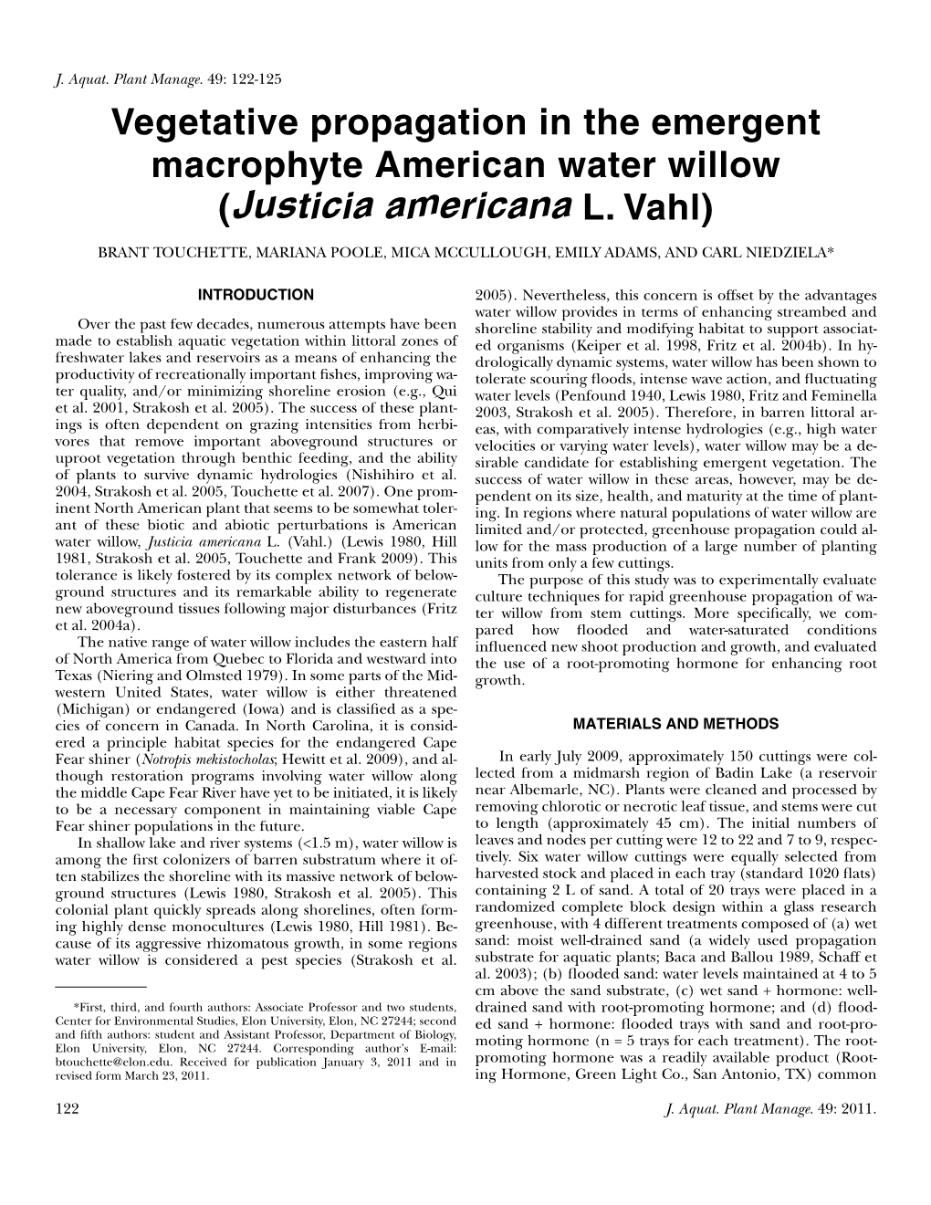 Vegetative Propagation in the Emergent Macrophyte American Water Willow (Justicia Americana L. Vahl)