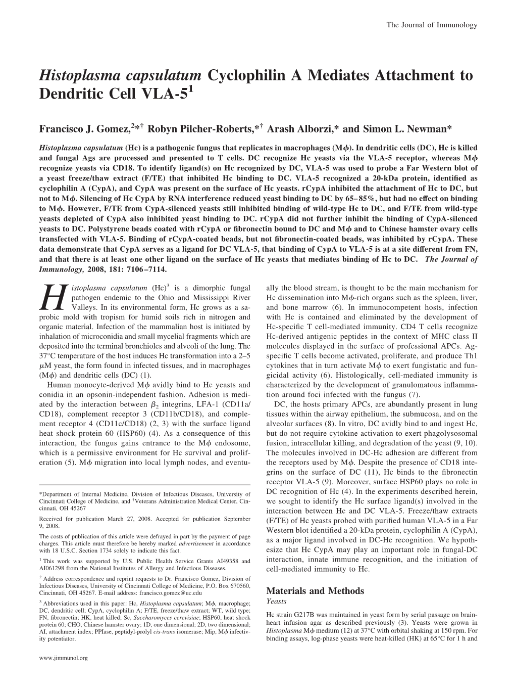 Histoplasma Capsulatum Cyclophilin a Mediates Attachment to Dendritic Cell VLA-51