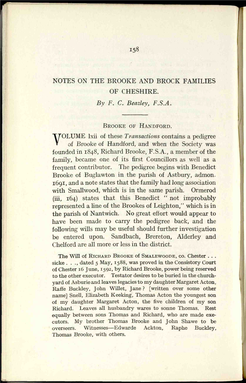 Notes on the Brooke and Brock Families of Cheshire