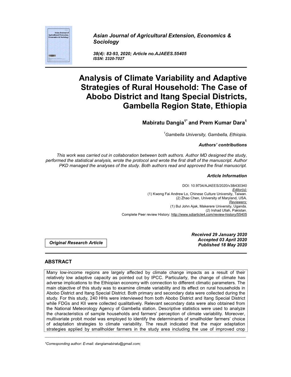 Analysis of Climate Variability and Adaptive Strategies of Rural Household: the Case of Abobo District and Itang Special Districts, Gambella Region State, Ethiopia