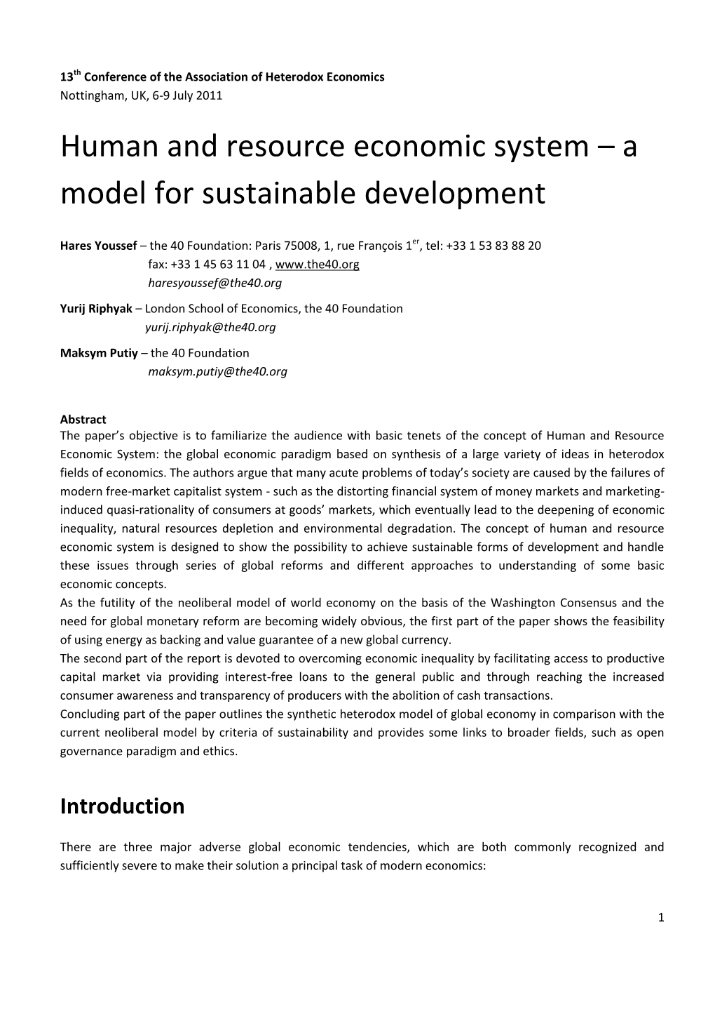 Human and Resource Economic System – a Model for Sustainable Development