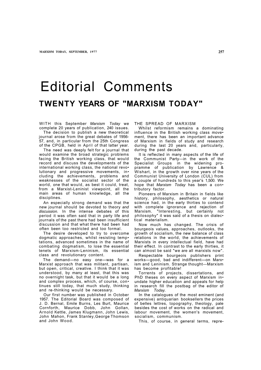 Editorial Comments TWENTY YEARS of "MARXISM TODAY"