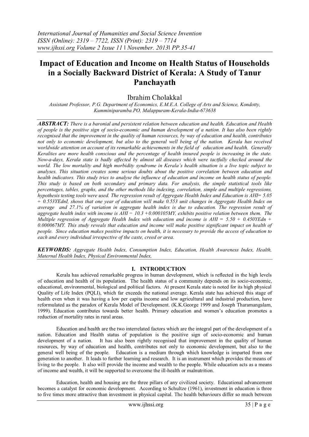 Impact of Education and Income on Health Status of Households in a Socially Backward District of Kerala: a Study of Tanur Panchayath