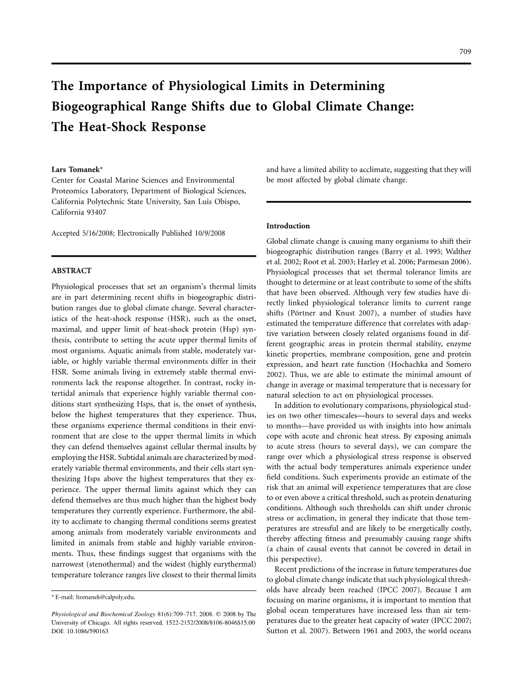 The Importance of Physiological Limits in Determining Biogeographical Range Shifts Due to Global Climate Change: the Heat-Shock Response