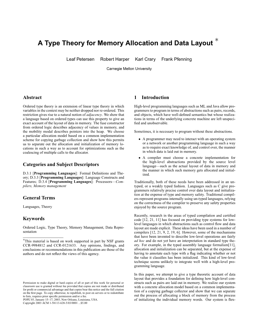 A Type Theory for Memory Allocation and Data Layout ∗