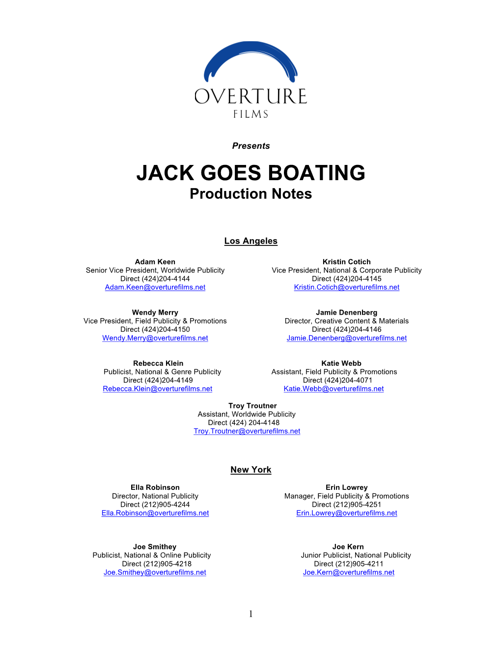 JACK GOES BOATING Production Notes