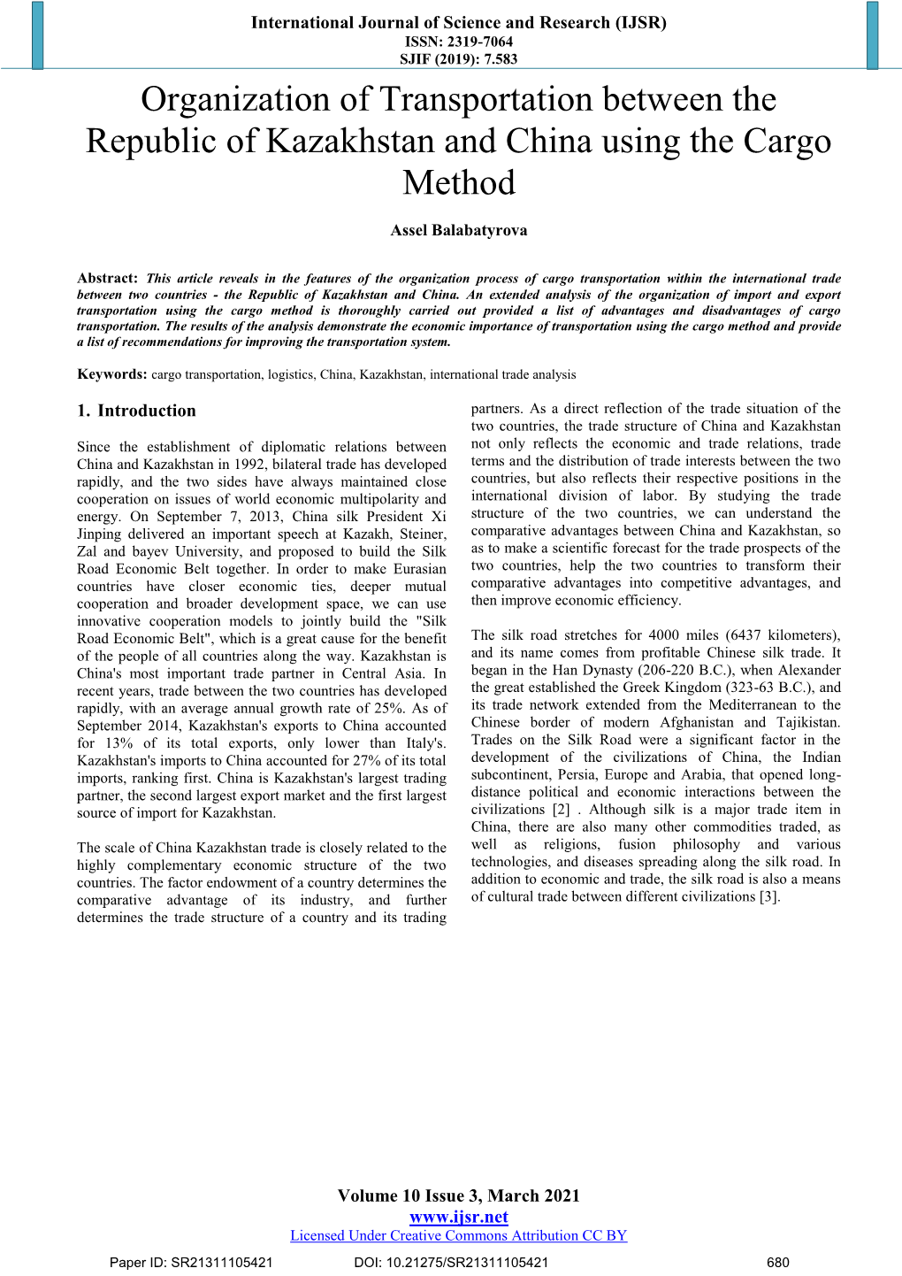 Organization of Transportation Between the Republic of Kazakhstan and China Using the Cargo Method