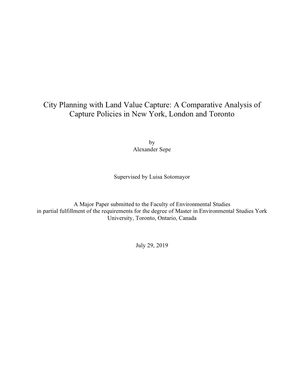 City Planning with Land Value Capture: a Comparative Analysis of Capture Policies in New York, London and Toronto