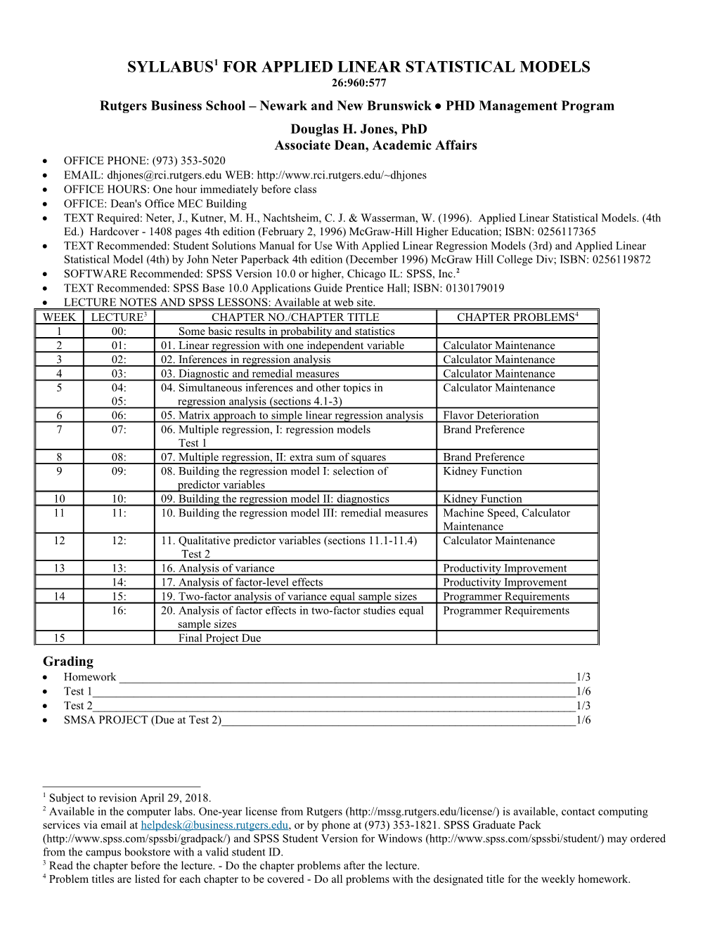 Syllabus 1 for Applied Linear Statistical Models