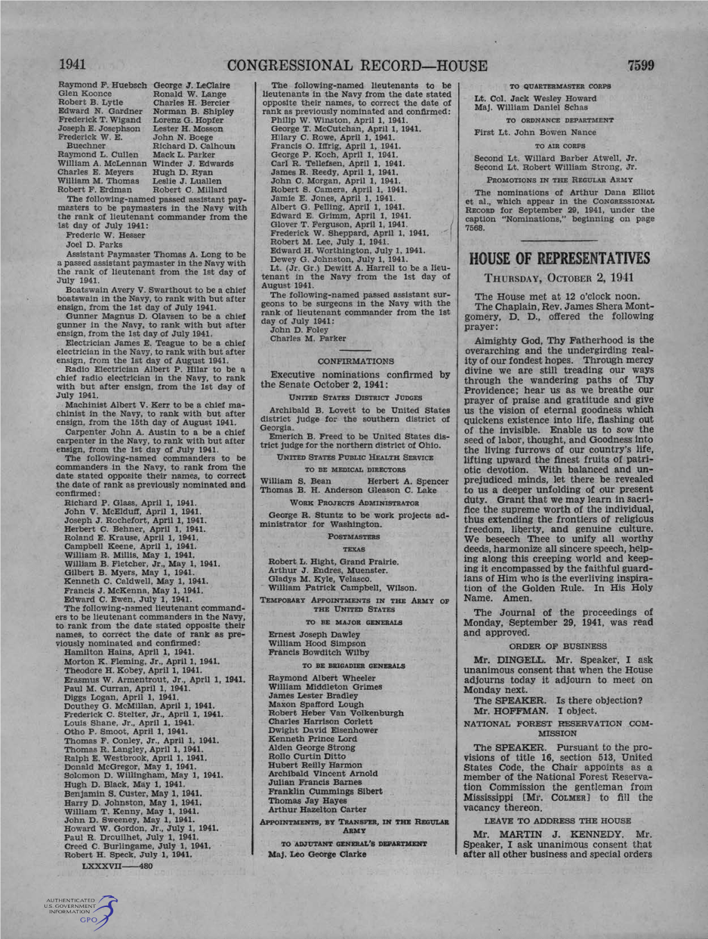 HOUSE of REPRESENTATIVES the Rank of Lieutenant from the 1St Day of Lt