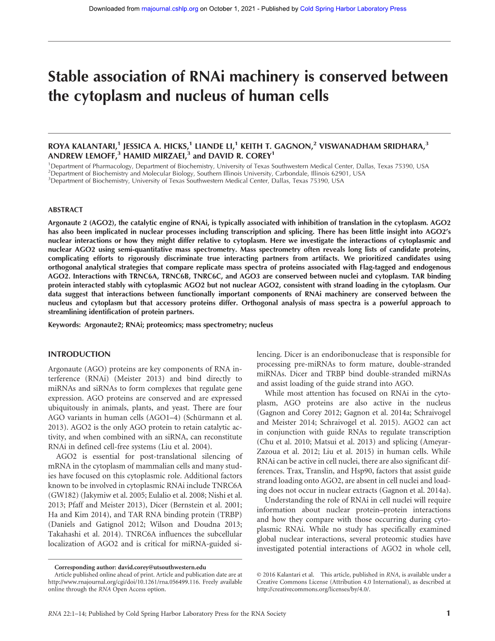 Stable Association of Rnai Machinery Is Conserved Between the Cytoplasm and Nucleus of Human Cells