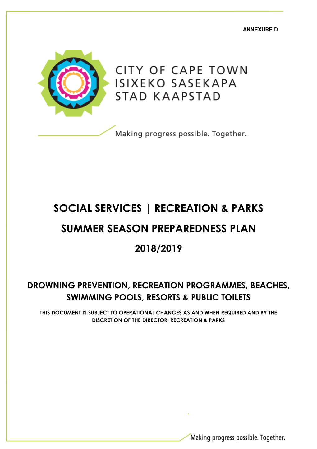 Social Services | Recreation & Parks Summer Season Preparedness Plan