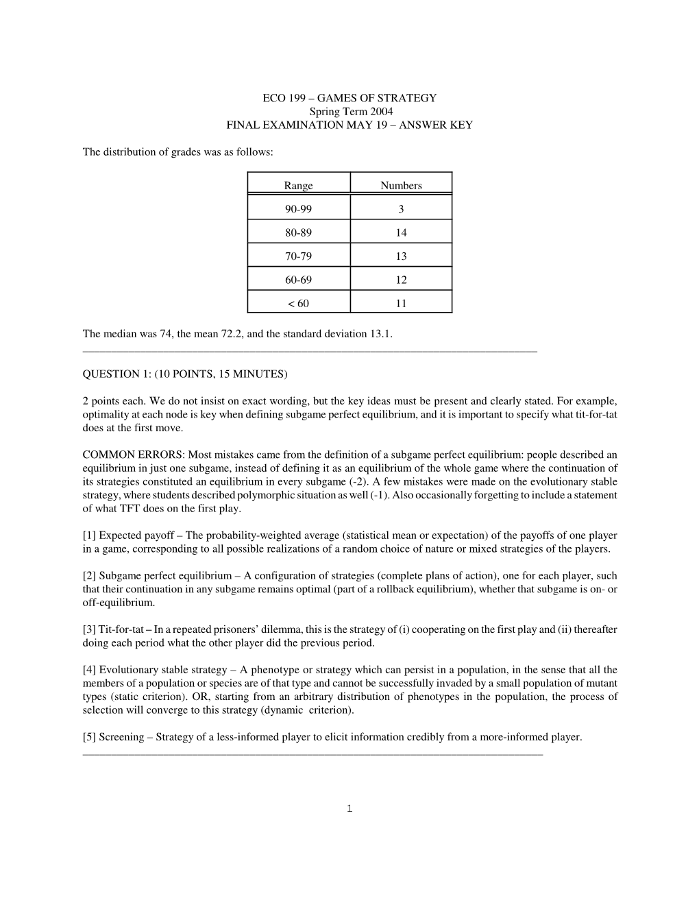 GAMES of STRATEGY Spring Term 2004 FINAL EXAMINATION MAY 19 – ANSWER KEY