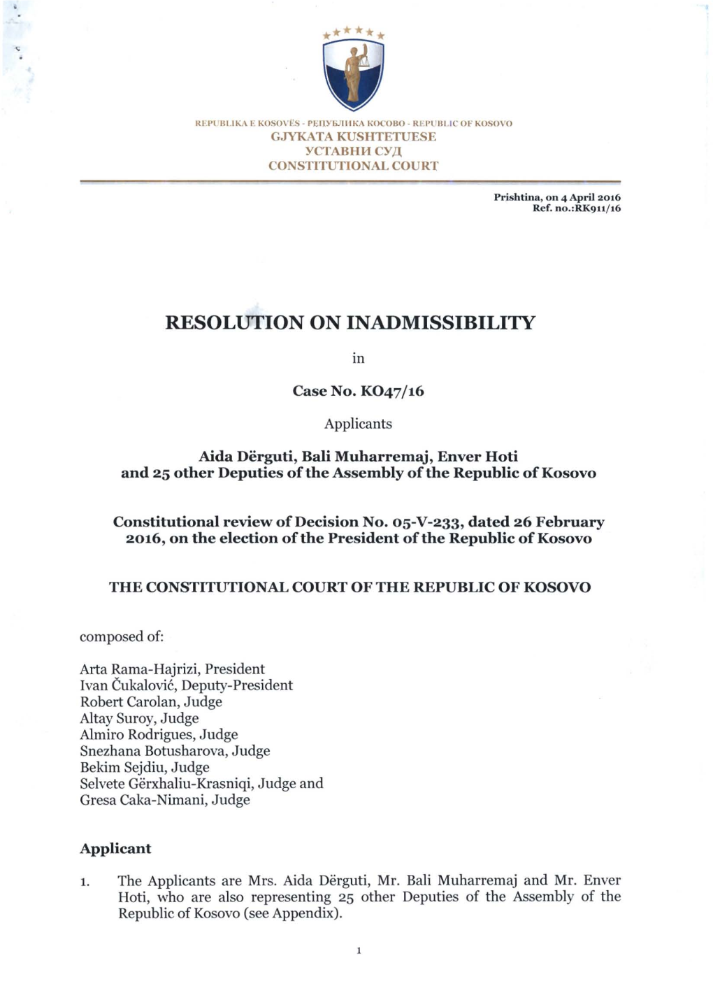 Resolution on Inadmissibility