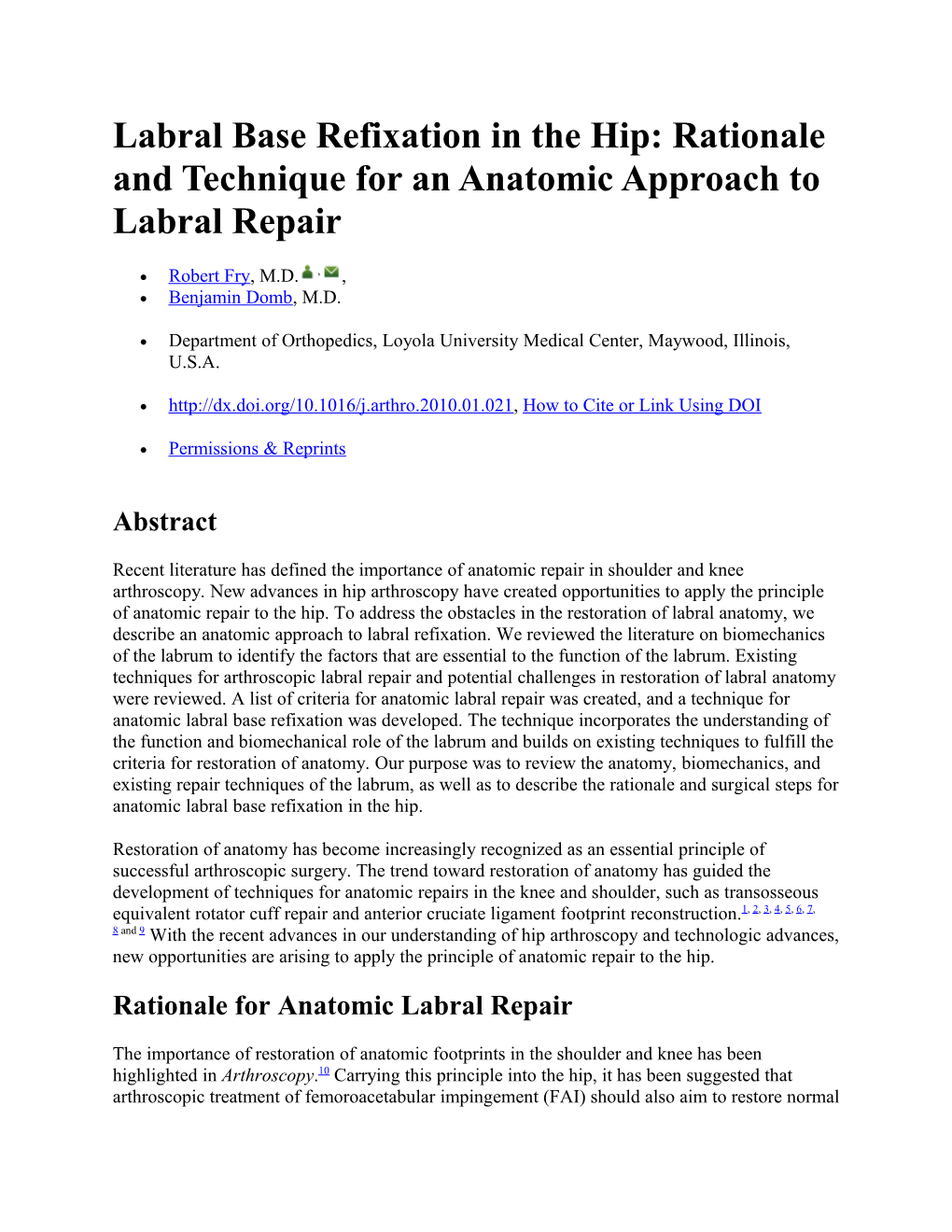 Labral Base Refixation in the Hip: Rationale and Technique for an Anatomic Approach To