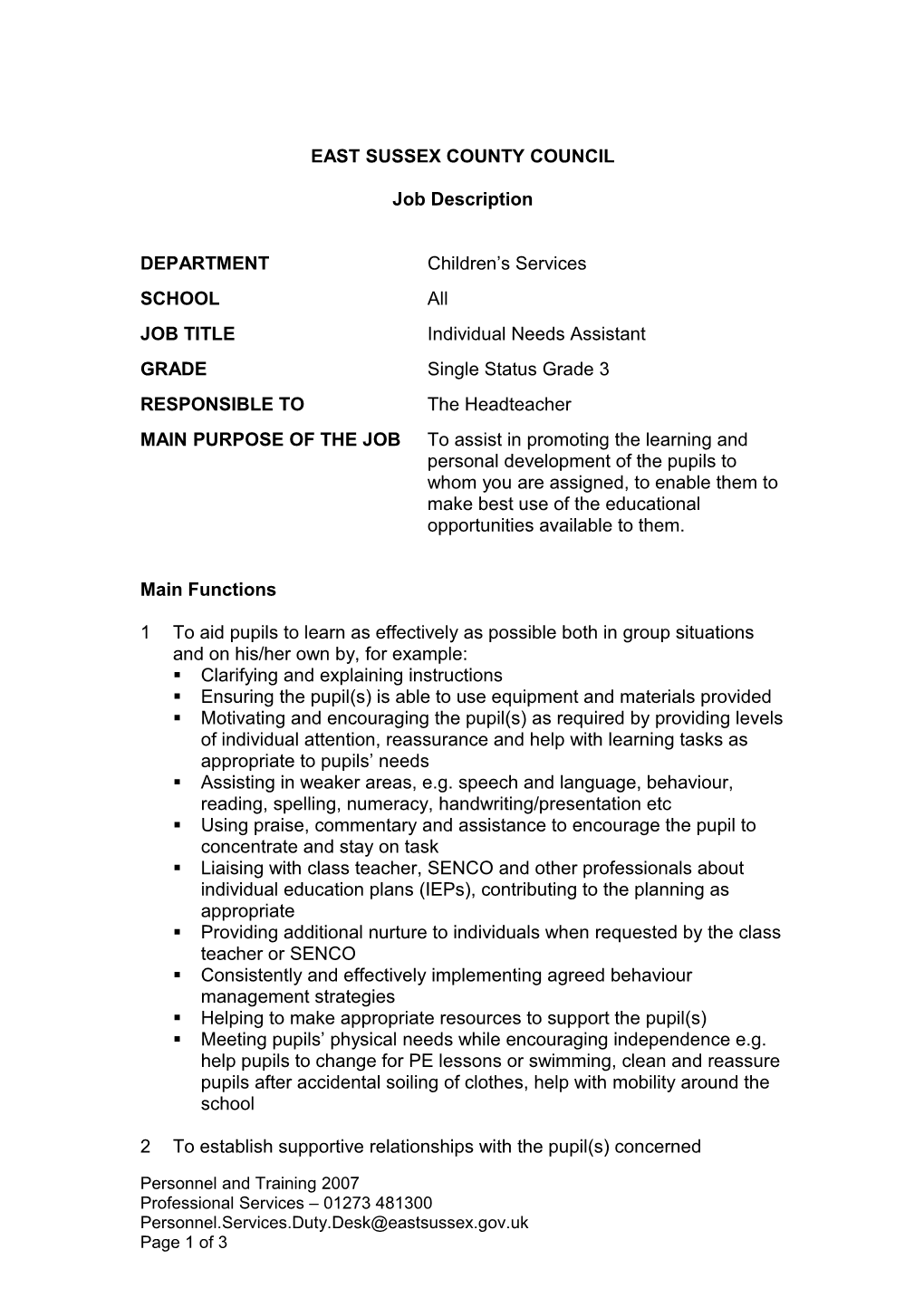 Individual Needs Assistant - Job Description