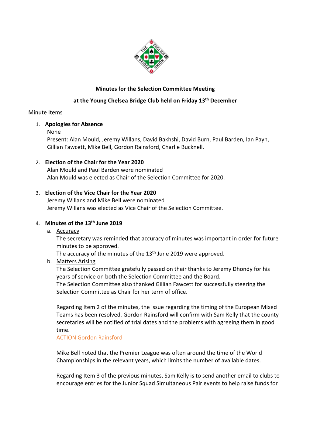 Minutes for the Selection Committee Meeting at the Young Chelsea Bridge Club Held on Friday 13Th December Minute Items 1. Apol