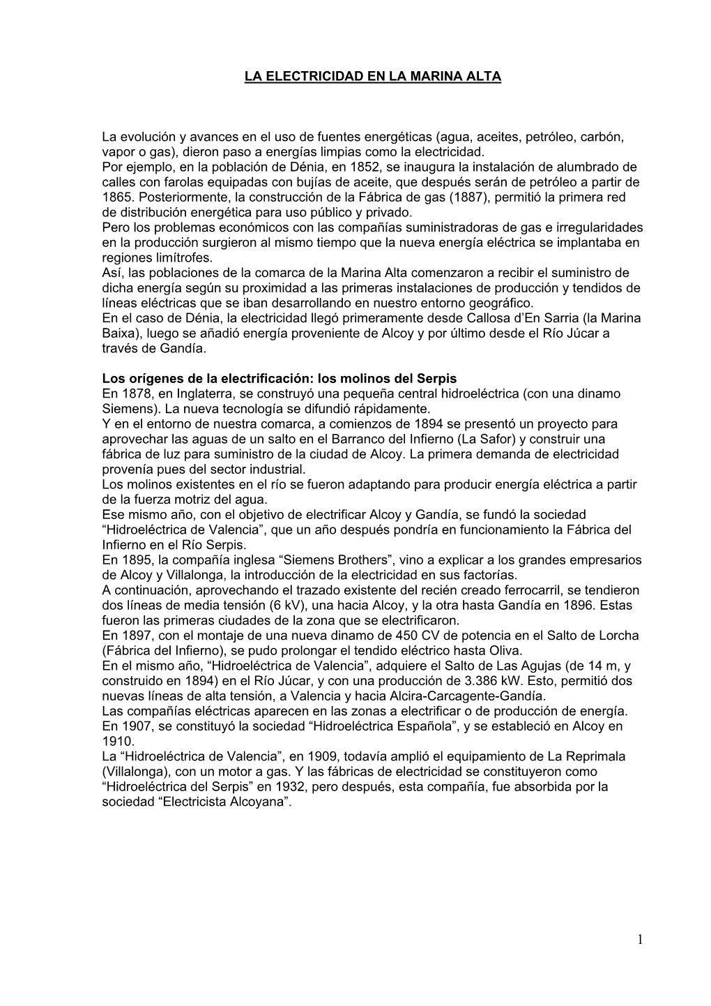 LA ELECTRICIDAD EN LA MARINA ALTA La Evolución Y Avances En El