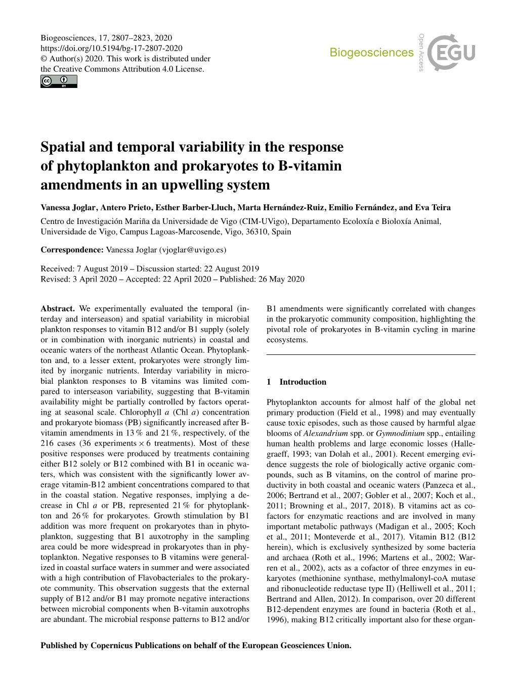 Spatial and Temporal Variability in the Response of Phytoplankton and Prokaryotes to B-Vitamin Amendments in an Upwelling System