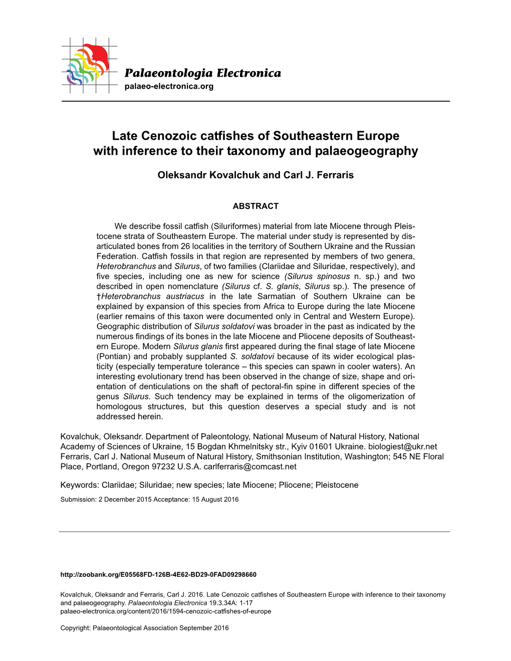 Late Cenozoic Catfishes of Southeastern Europe with Inference to Their Taxonomy and Palaeogeography